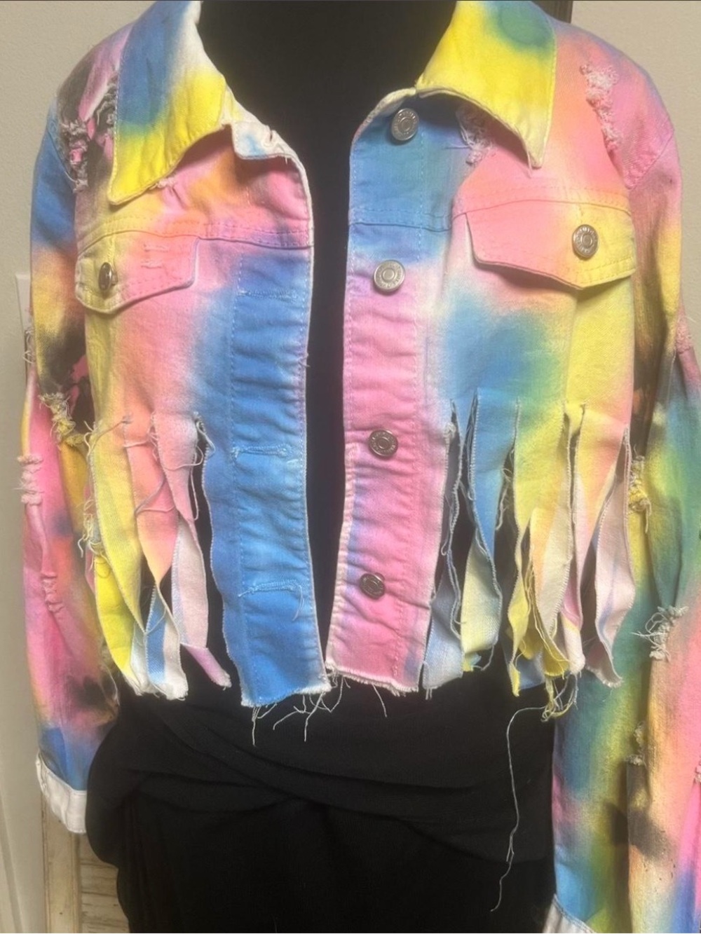 Thrill Multicolor Tie-Dye Cropped Fringe Denim Jacket